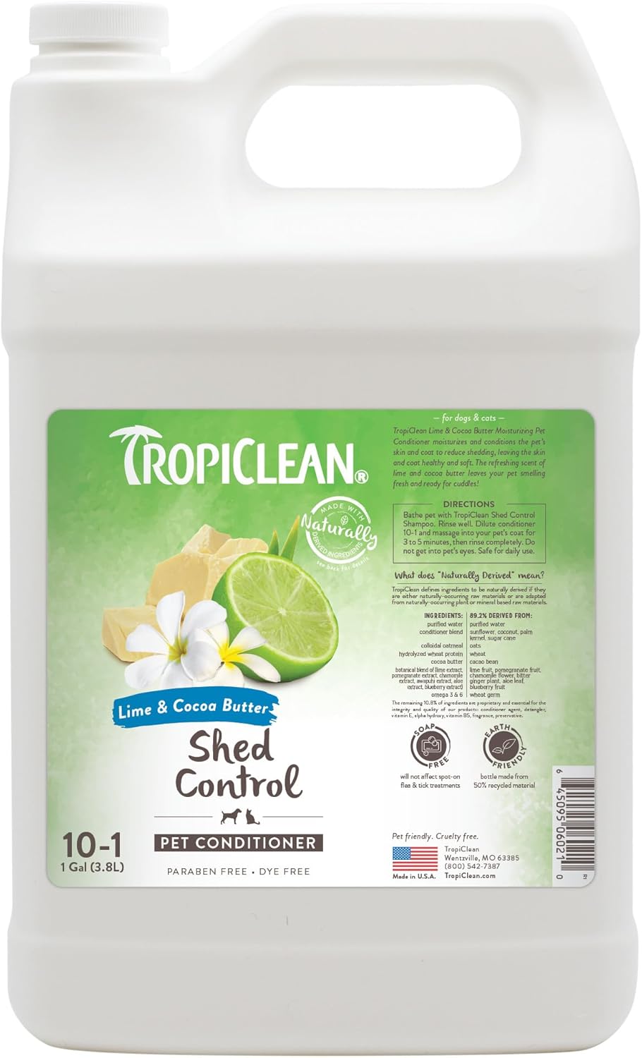 TropiClean Deshedding Cat & Dog Conditioner, Puppy & Kitten Safe, Reduces & Softens Coat, Lime & Coconut Scent, Made in the USA, 1 gallon