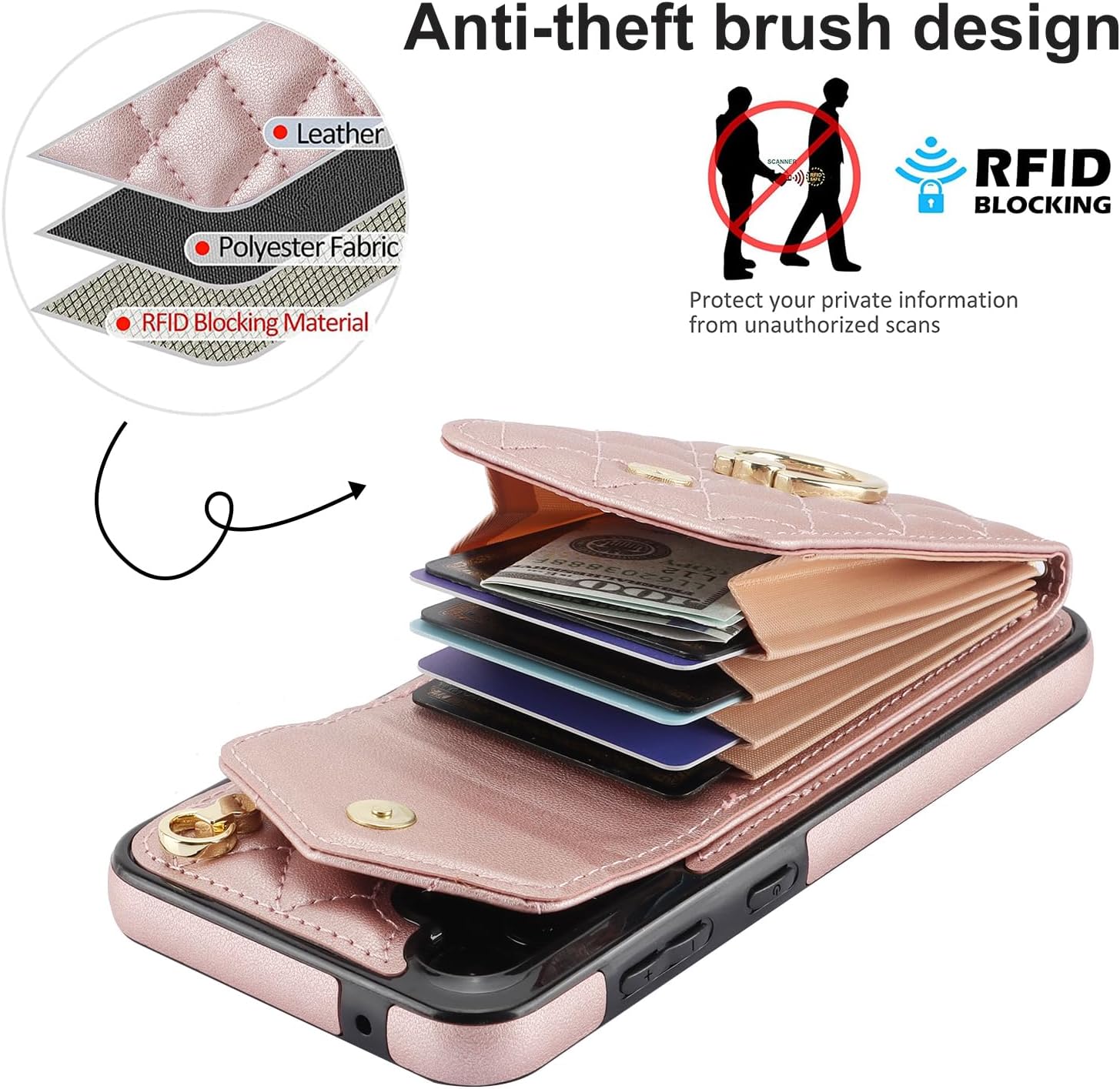 Color rose gold Asuwish Phone Case for Samsung Galaxy S23 FE 5G Wallet Cover with Tempered Glass Screen Protector and Crossbody Wrist Strap Ring RFID Blocking Credit Card Holder Cell S 23 EF S23FE 23S Women Rose Gold