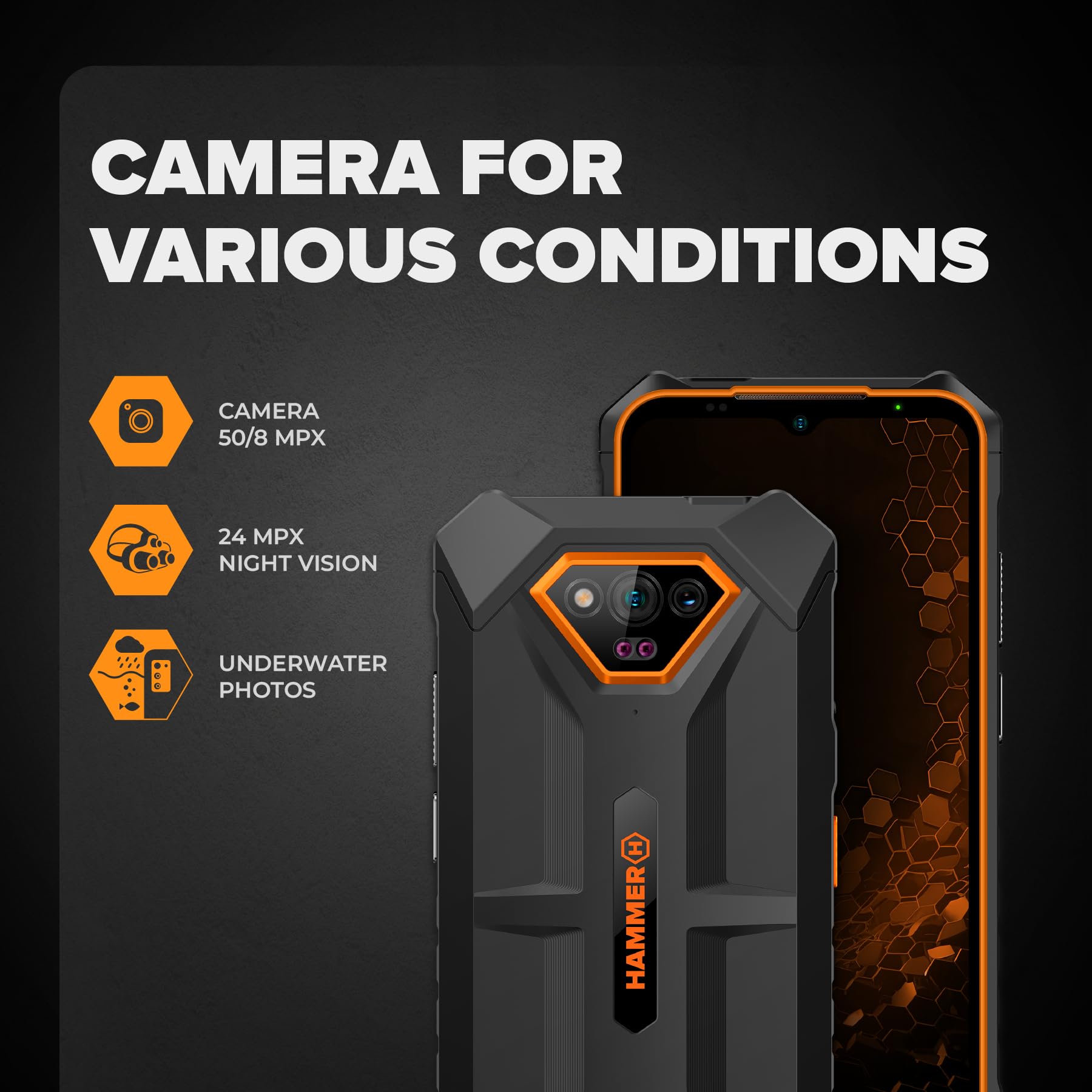 Hammer Iron V 6GB/64GB Telefono Indistruttibile, Camera 50 MP + Visione Notturna 24 MP, Batteria 6320 mAh, NFC, Smartphone Rugged Con Dual SIM, IP69, Display 6,5", Nero/Arancione