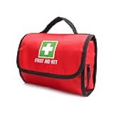 Jipemtra First Aid Bag Tote Empty Small First Aid Kit Bag Outdoor Travel Rescue Pouch First Responder Medicine Bag Pocket Container for Car Home Office Sport Outdoors (Red Foldable Green Print)