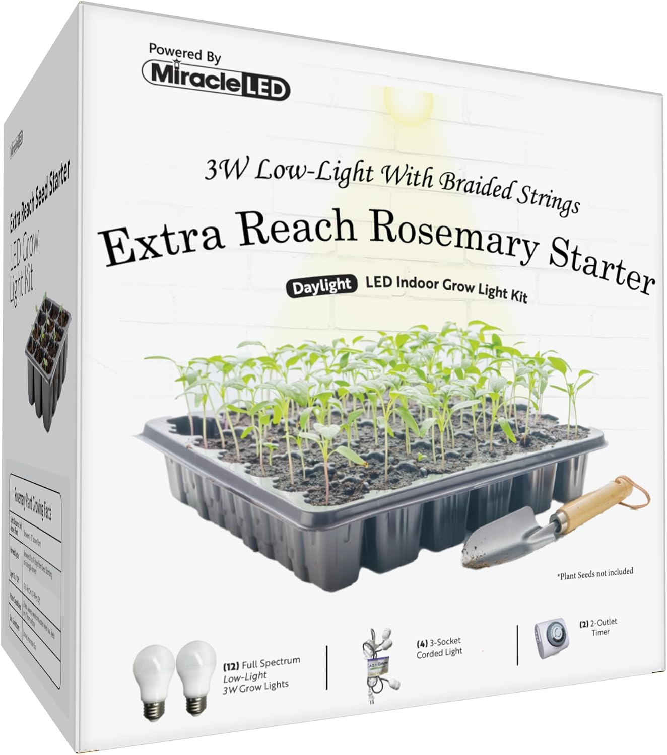 Miracle LED Low-Light Full Spectrum, Extra Reach Rosemary Seed Starter Grow Light Kit (Braided 3-Socket)
