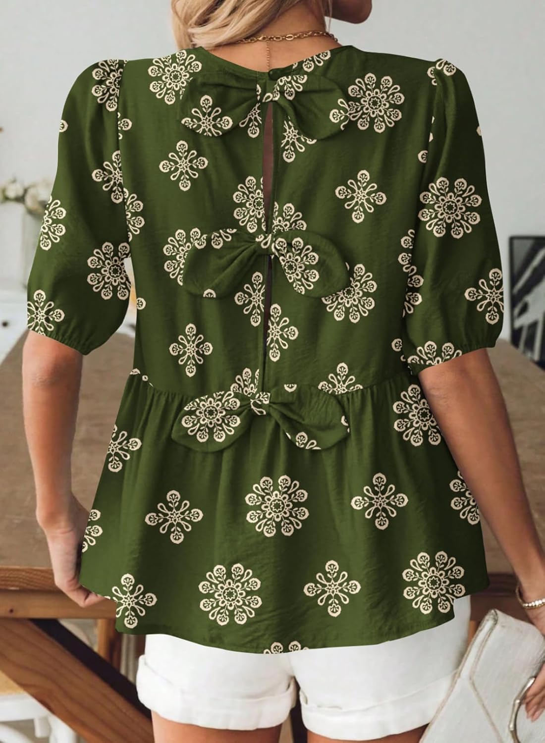 BLENCOT Women's Babydoll Peplum Tops Boho Puff Short Sleeve Bowknot Back Shirts Cute Summer Blouses - Image 3