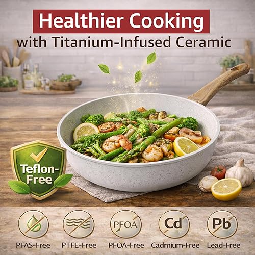 Miniatura 7 de Juego de 24 Piezas de Ollas y Sartenes de Cerámica Antiadherente, Juego de Utensilios de Cocina Saludables No Tóxicos con Gran Capacidad, Compatible