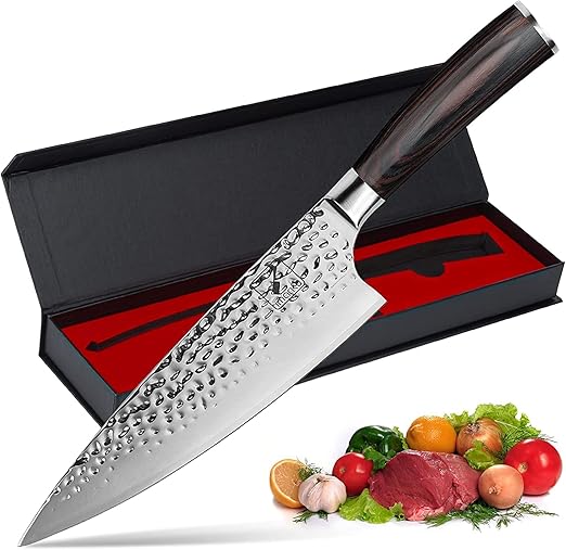 imarku Damascus Chef Knife, 8 Inch Kitchen Knife Ultra Sharp Cooking Knife HC German Stainless Steel Japanese Knife for Kitchen, Hand-Hammered Design, Ergonomic Handle, Birthday Gifts for Women Men