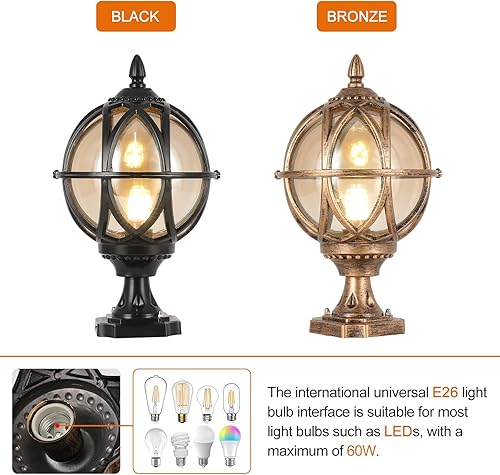 Miniatura 8 de Lámpara de poste para exteriores, base E26 de 60 W máx. Luces de columna con carcasa de aluminio negro más vidrio ámbar IP55 impermeable linterna de