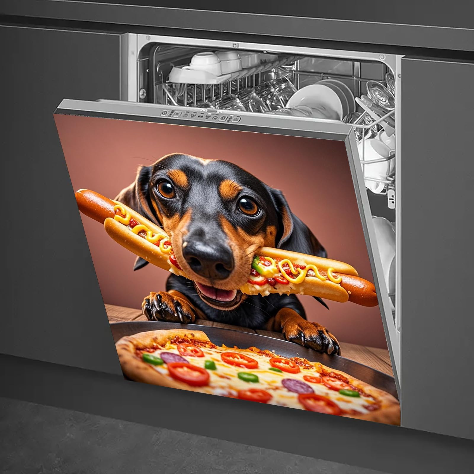 HOMETITUTE Dishwasher Magnet Cover 23x26 Inch Dachshund Pizza Pattern