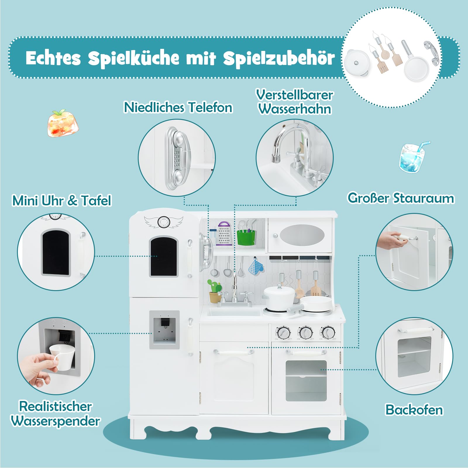 DREAMADE Kinderküche aus Holz mit Spielzubehör, Kinderspielküche mit Kühlschrank Spüle Herd Backofen, Holzküche Spielzeugküche, Spielküche mit Licht und Sound für Kinder ab 3 Jahren, Weiß