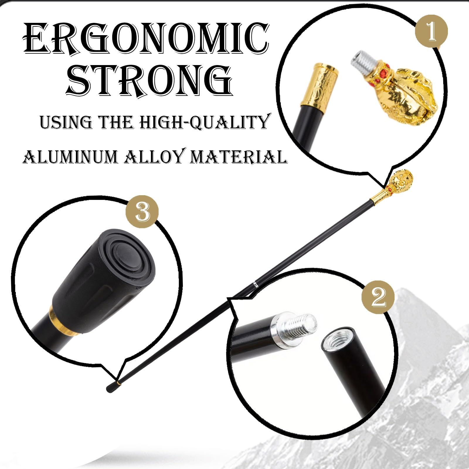 Bastón de Aluminio de Dos Secciones de Estilo Vintage, con Empuñadura Dorada, Ajustable, para Hombre y Mujer, Bastón Ligero