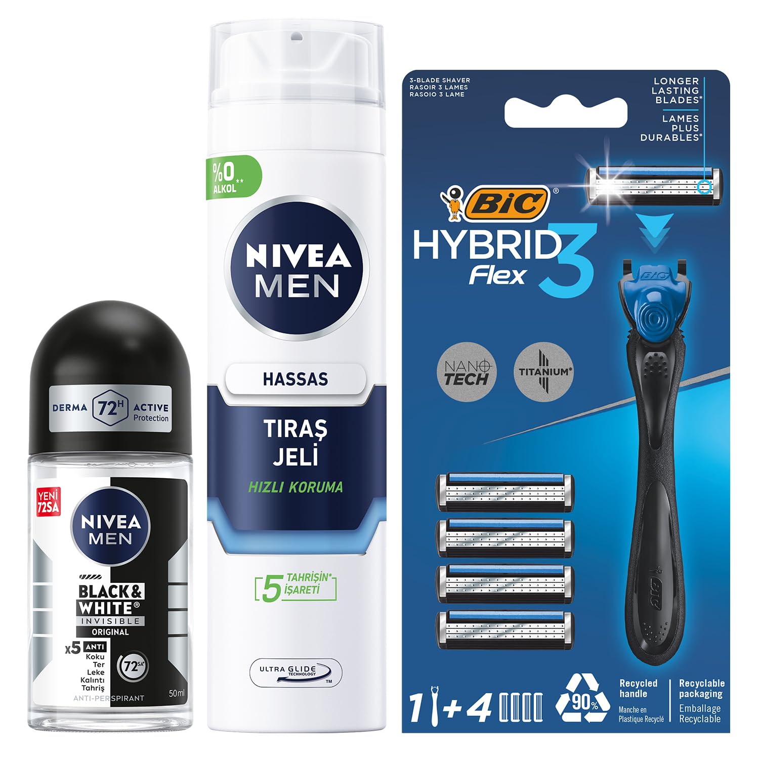 NIVEA MEN Erkek Roll On Deodorant Black & White Invisible Original 50 ml + Tıraş Jeli 200 ml + BIC Hybrid 3 Flex Erkek Tıraş Bıçağı 1 Sap ve 4 Yedek Başlık (3 Bıçak)