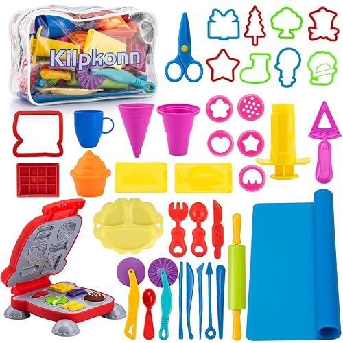 Herramientas Plastilina para Niños, 41 Piezas de Moldes plastilina para Crear Desayuno, Hamburguesa y Pasta, Accesorios de Arcilla de Modelado, Rodillos de Molde con Bolsa de Almacenamiento