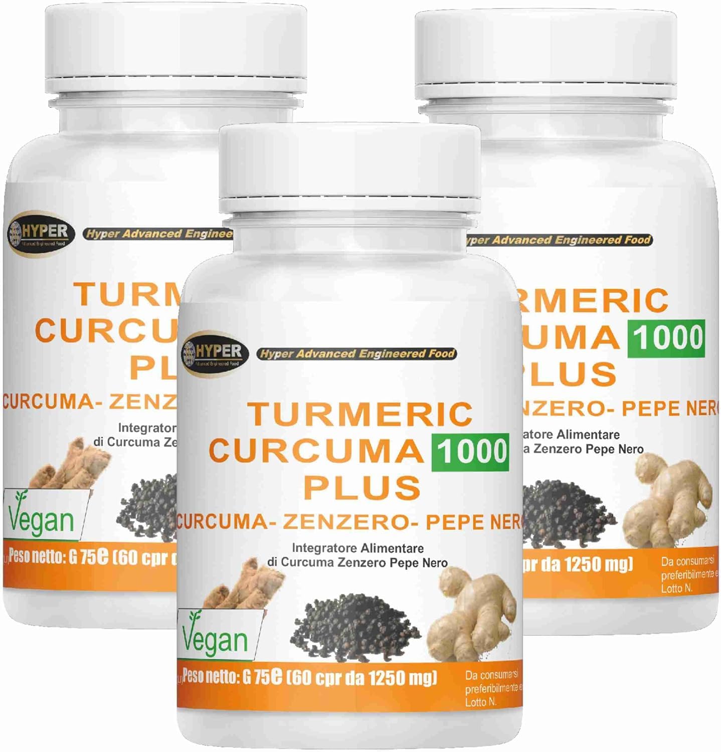 Hyper Turmeric Curcuma e Piperina Plus 1000mg - Formula con Curcumina, Piperina e Zenzero ad Alto Dosaggio - Antiossidante e Antinfiammatorio Naturale. 3 Flaconi da 60 Compresse Made in Italy