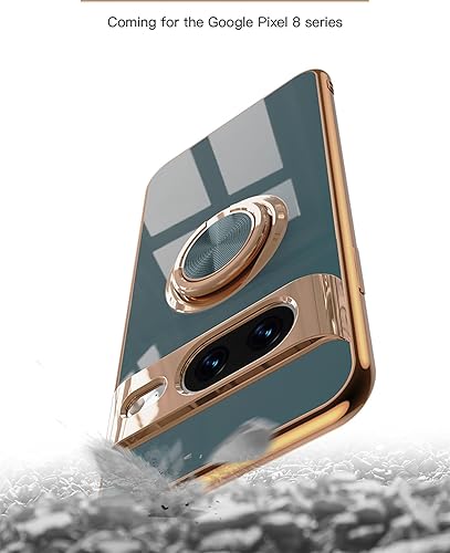Miniatura 5 de Funda para Google Pixel 8  Slim Fit soporte giratorio de anillo lujoso color dorado metal cubierta de silicona suave TPU protección a prueba de