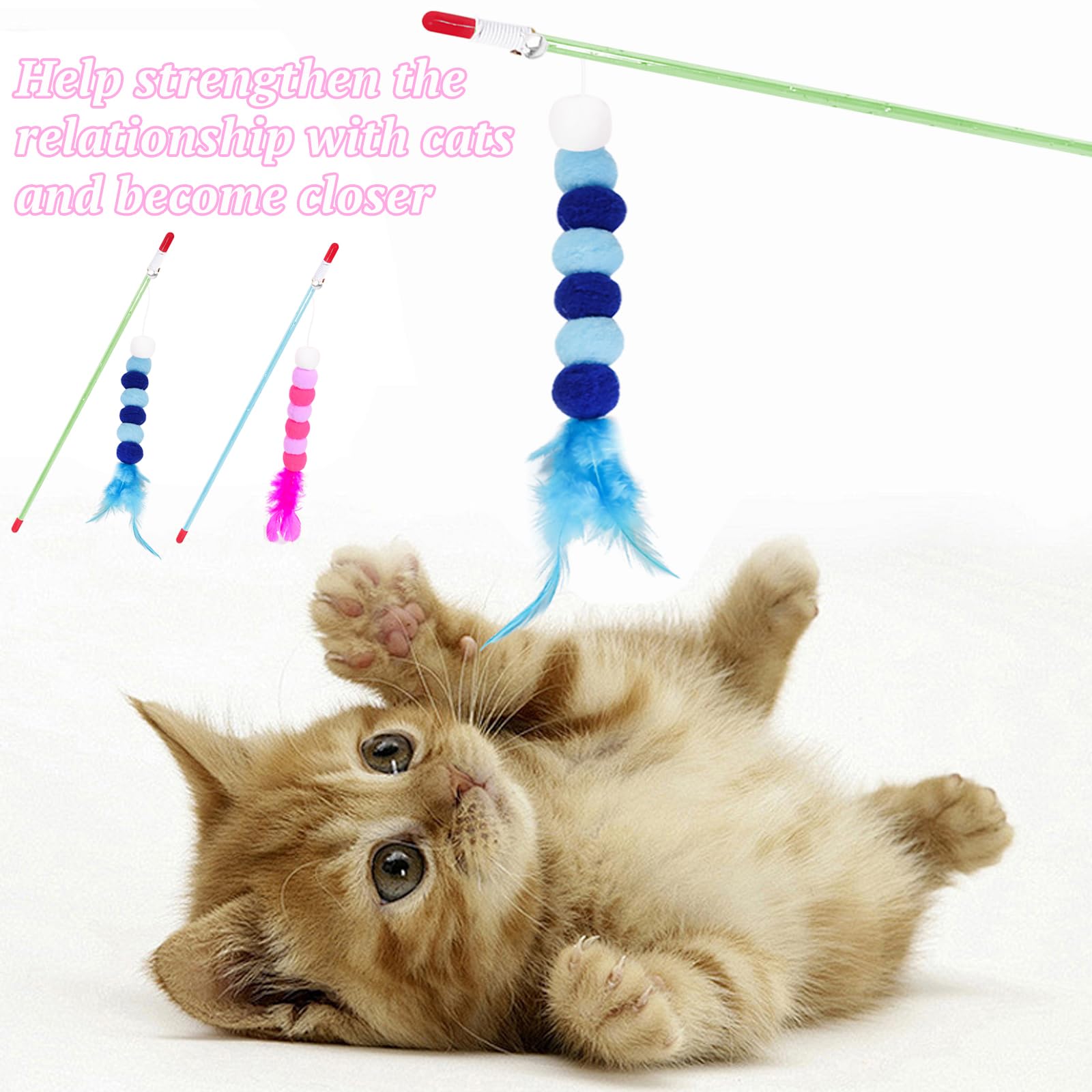 Feibety 2Pcs Cat Feather Toys Cat Wand Toys with Bell and Plush Balls,Colourful Interactive Kitten Teaser Pet Toy Wire Chaser Wand Teaser Indoor Playing Exercising Interactive Training(Blue + Purple) - Image 4