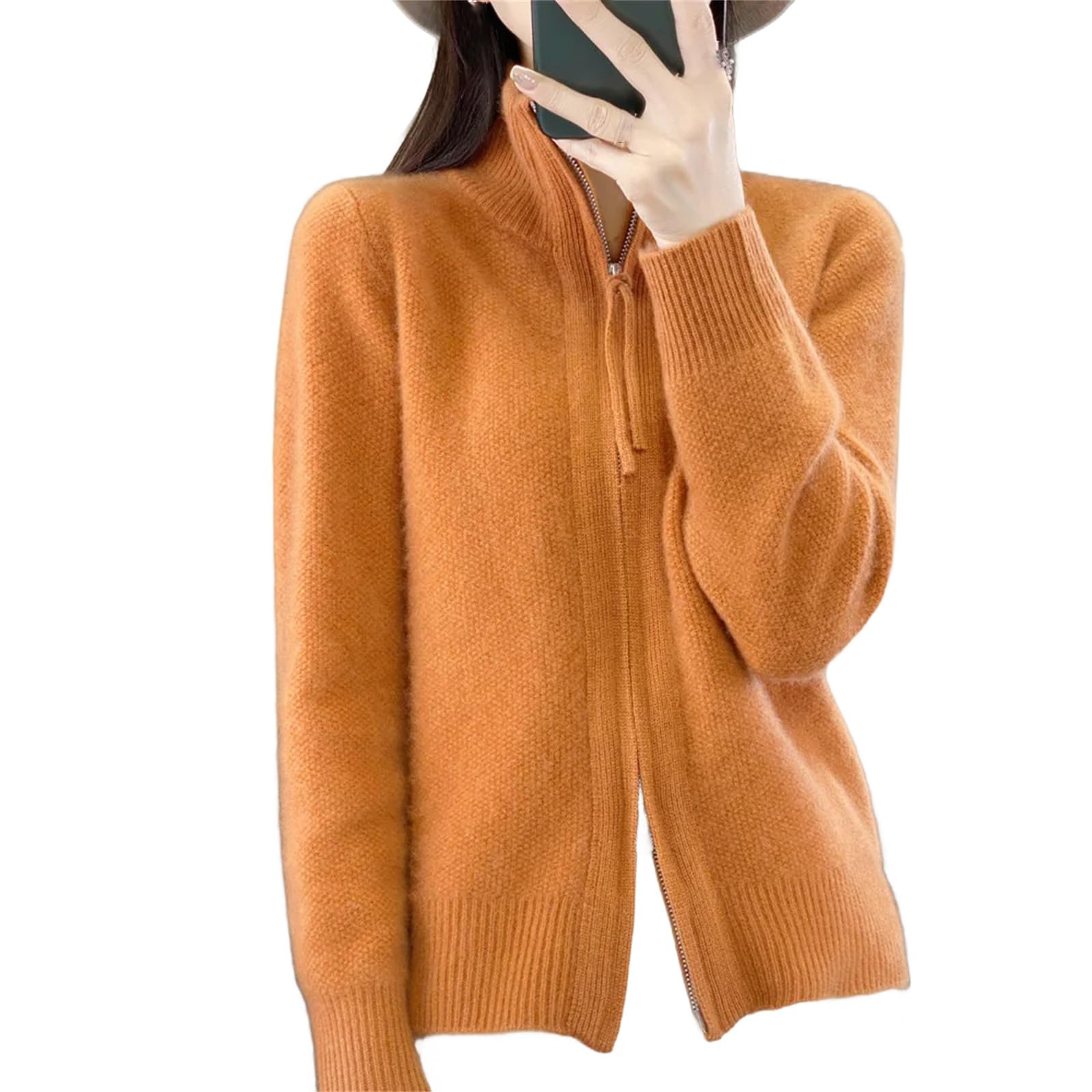 Womens Merino Wool Turn-Down Collar Zip Cardigan Thick Soft Cashmere Knit Jacket Cozy Top