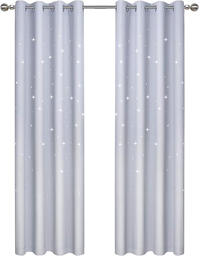 Anjee Laser Cutting Out Stars Blackout Curtains for Kids Room, Elegant Grommet Window Curtains for Room Darkening and Noise Blocking (2 Panels, W52 x L84, Greyish White)