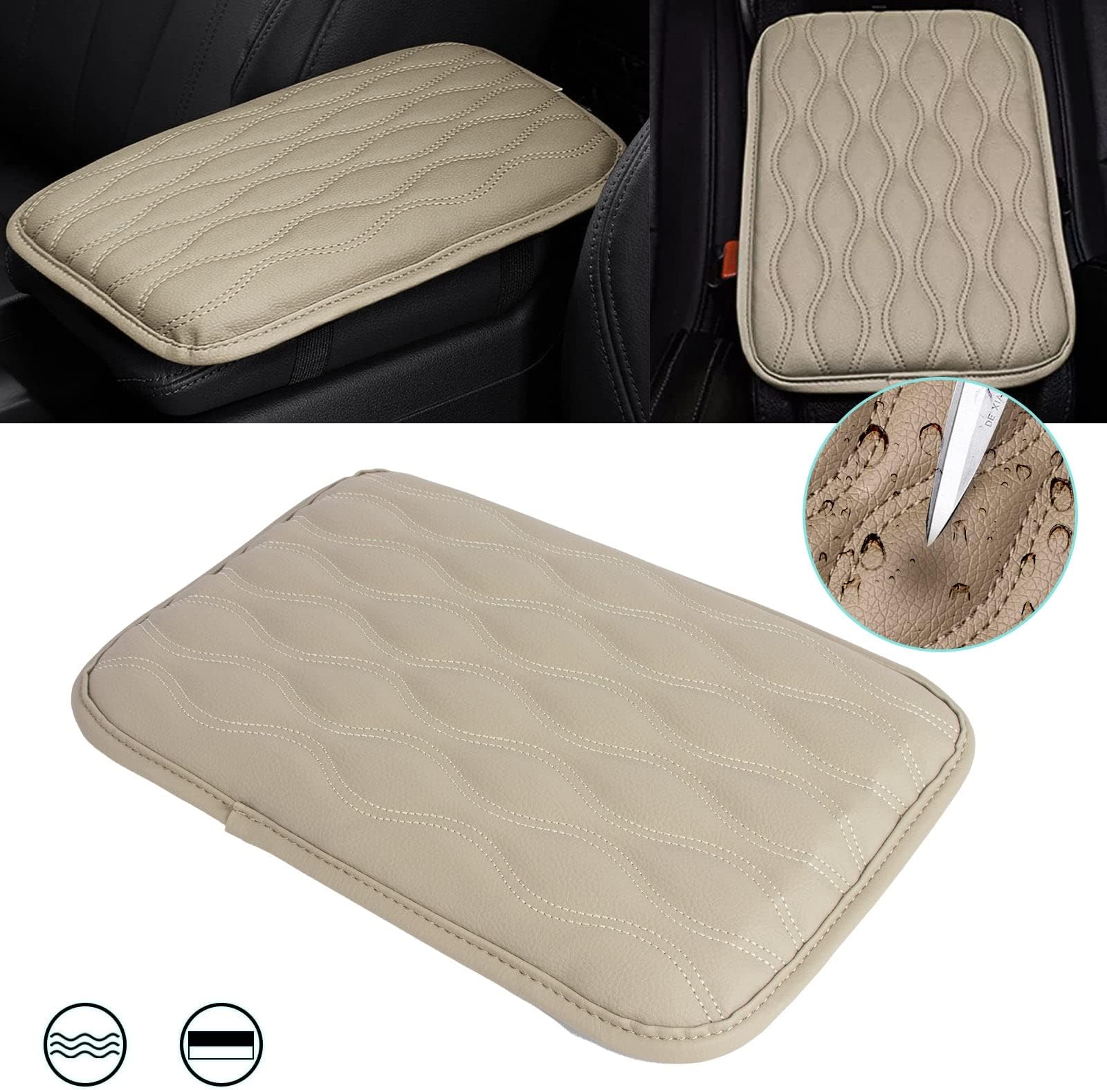 x xotic tech Car Center Console Cushion Pad, Universal Waterproof Leather Armrest Seat Box Cover Protector Auto Interior Accessories for Most Cars, SUV, Truck 7.8" x 12" (Beige)