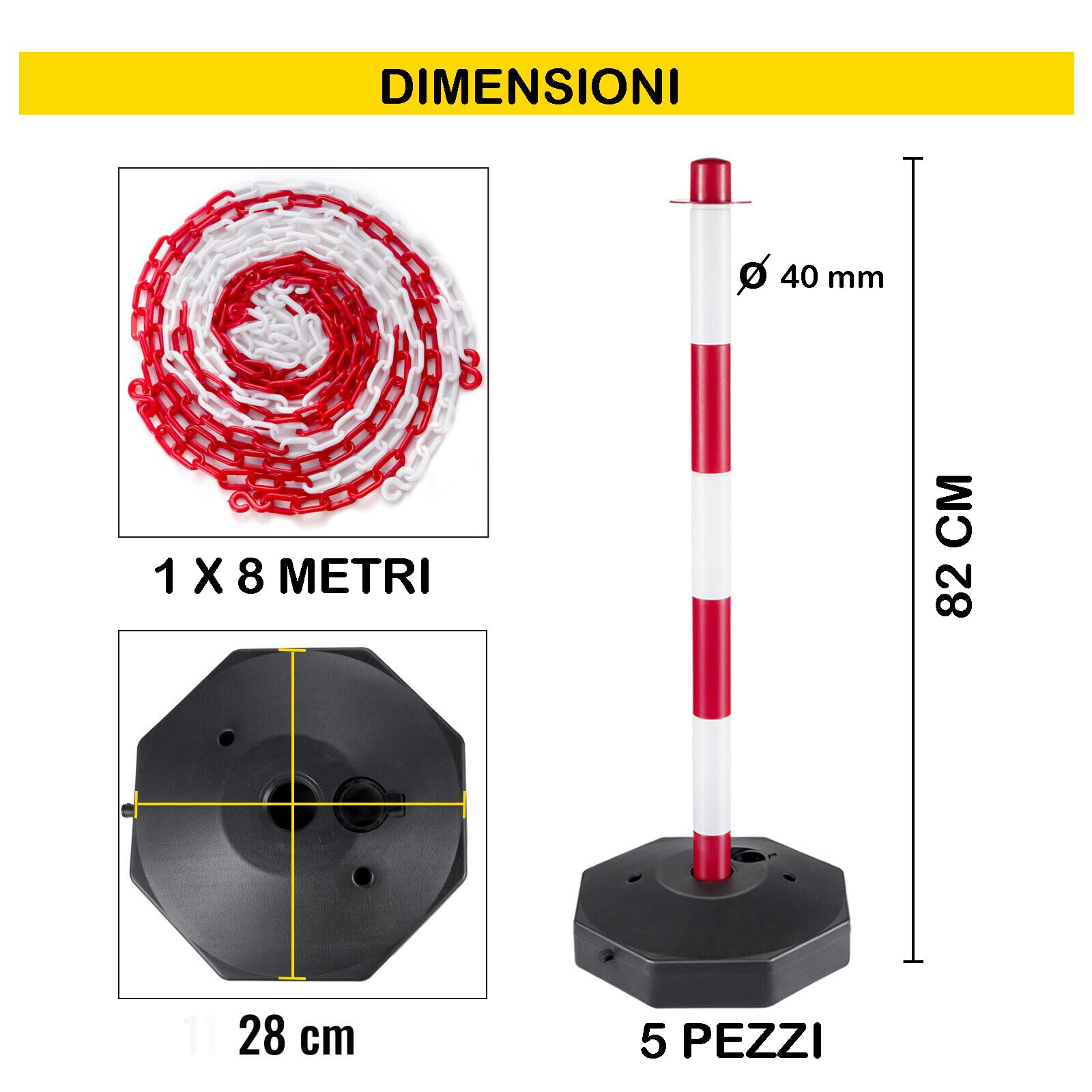 DMS-SET 5 COLONNINE DELIMITAZIONE PARCHEGGIO + 8 MT CATENA PLASTICA + GANCI AD ESSE
