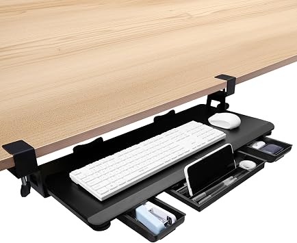 Large Keyboard Tray Under Desk Slide Out with Sturdy C-Clamp Mount and Storage Drawer, 27" 31" Including Clamps x 12" Ergonomic Keyboard Trays for Home and Office, Black