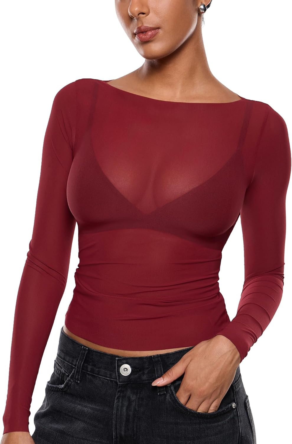 INLYRIC Women's Cosnufy Mesh Sheer Long Sleeve Tops See Through Boat Neck Going Out Tops Trendy Sexy Shirts