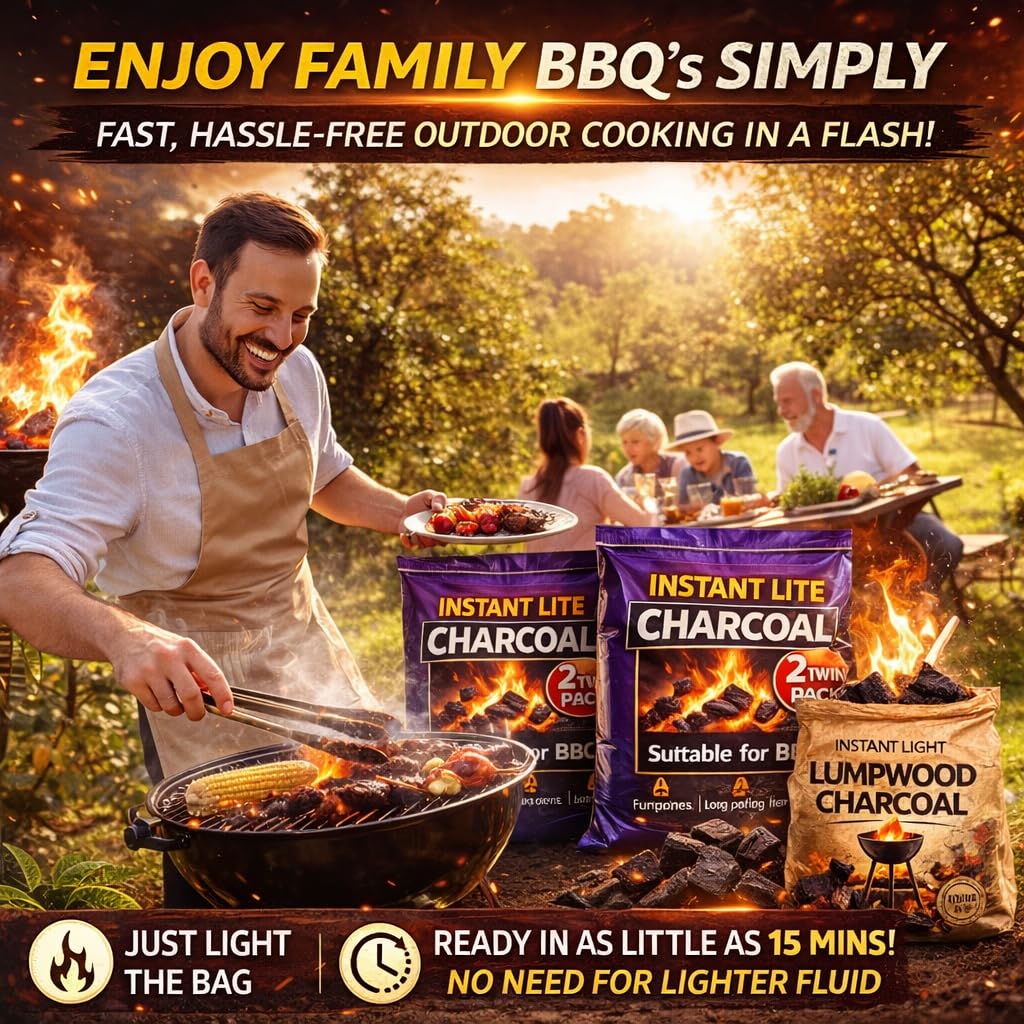 4 x 1.25kg Bags (5kg) Premium Instant Light BBQ Charcoal, Bags of Instant Barbecue Lumpwood Charcoal (2x Twin Packs) — view 8