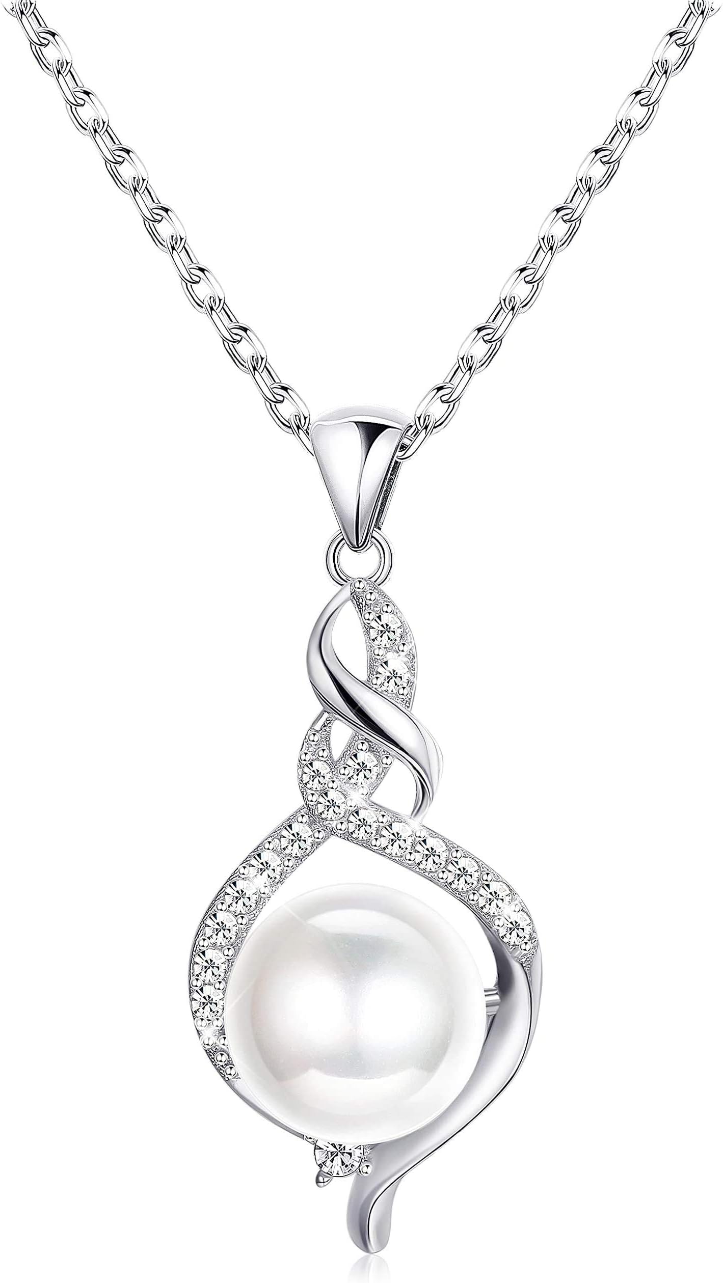 Sllaiss 925 Sterling Silver Pearl Necklace for Women Pearl Pendant Necklace for Girs Sets with Swarovski Zirconia for Her, Wife, Lover Anniversary Birthday Gift