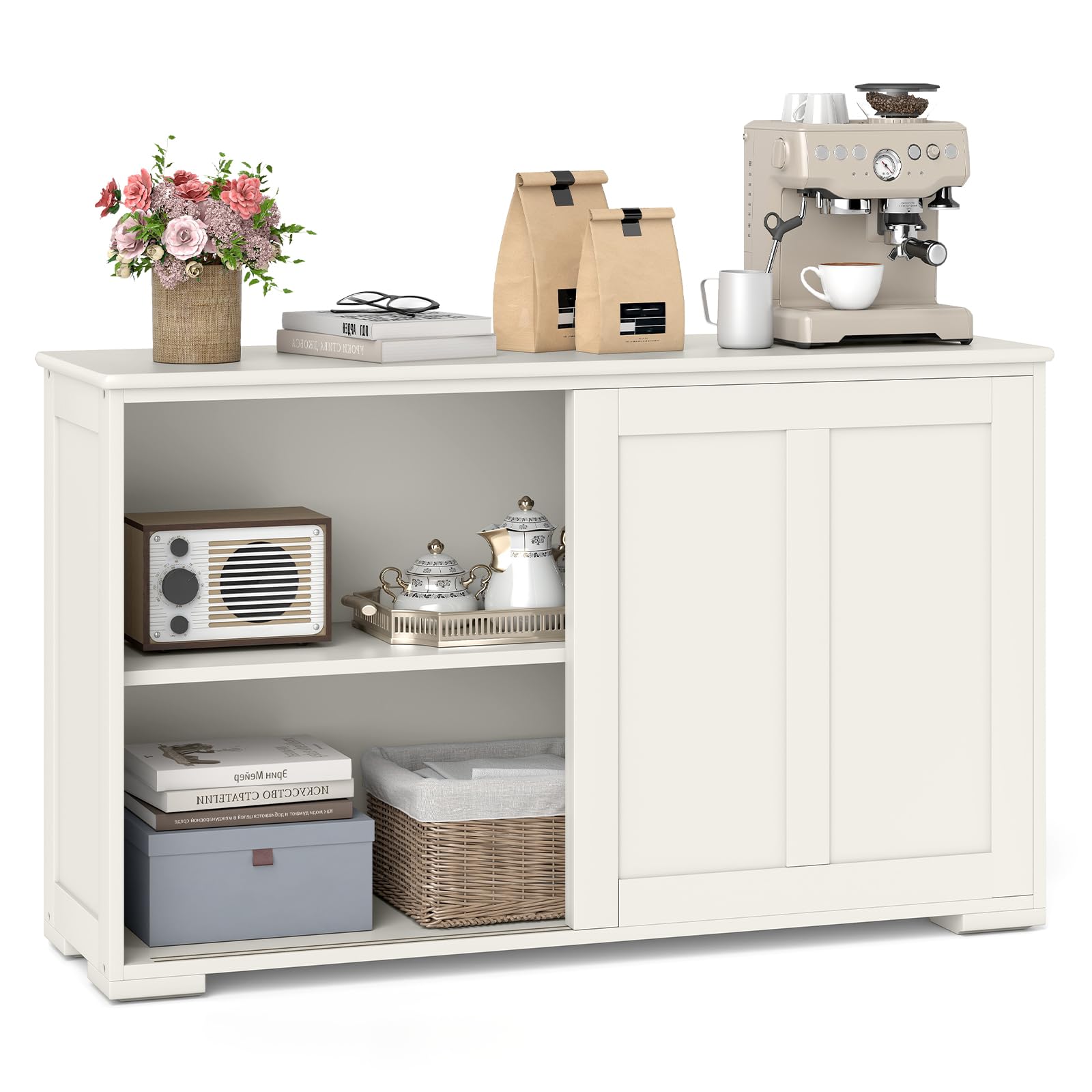 GIANTEX Credenze a 3 Ripiani, Mensola Regolabile, 2 Porte Scorrevoli, Ampio Spazio di Stoccaggio, Ideale per Sala da Pranzo, Cucina, Soggiorno, 106,5x33x60 cm, 3 Colori (Bianco crema)