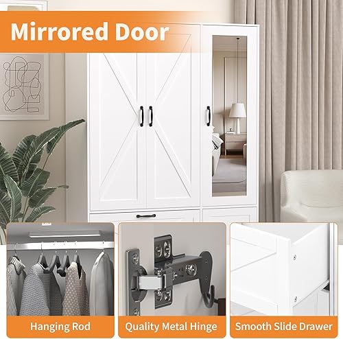 Miniatura 4 de Armario Armario con puerta de espejo, 3 puertas, Armario de dormitorio de granja con cajones y estantes ajustables, Armario de madera con barra para