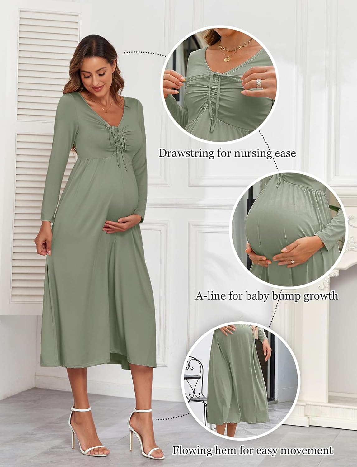 Maternity Tie Front Dress A Line Long Sleeve V Neck Flowy Pregnancy Maxi Dresses for Baby Shower Casual 2025 Fall - Image 4