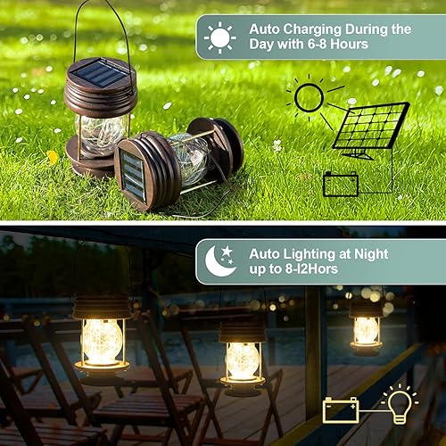 Miniatura 2 de Faroles solares colgantes para exteriores, paquete de 2 luces impermeables para paisaje, lámparas de mesa solares con diseño retro, luces de hadas