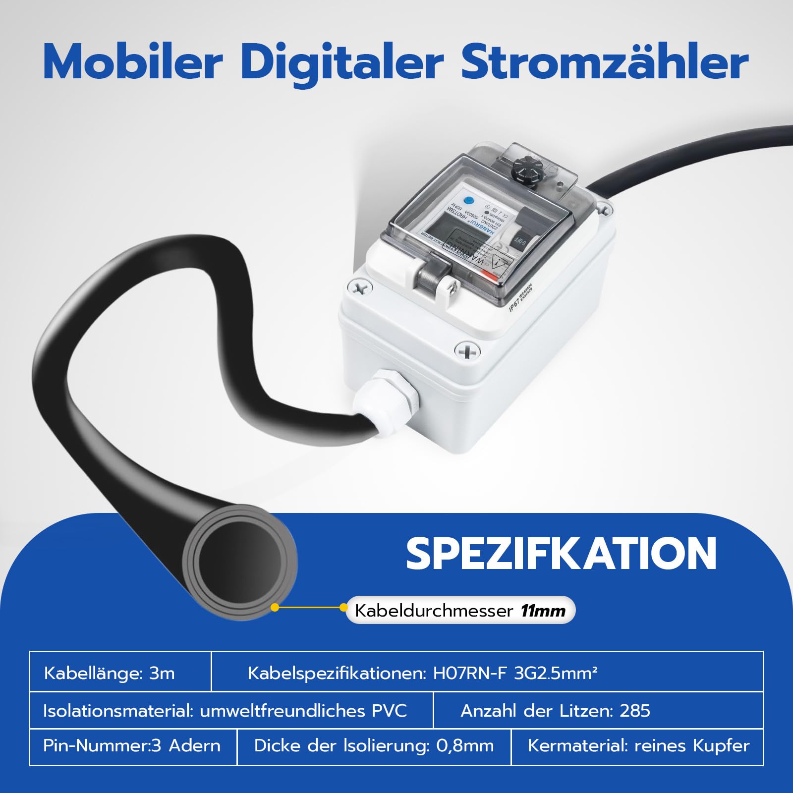 230VAC 16A Mobiler Digitaler Stromzähler für Steckdose mit FI Schutzschalter Typ A,230V IP44 Schuko Stecker,Zwischenzähler Strom mit IP67 Stromzählergehäuse