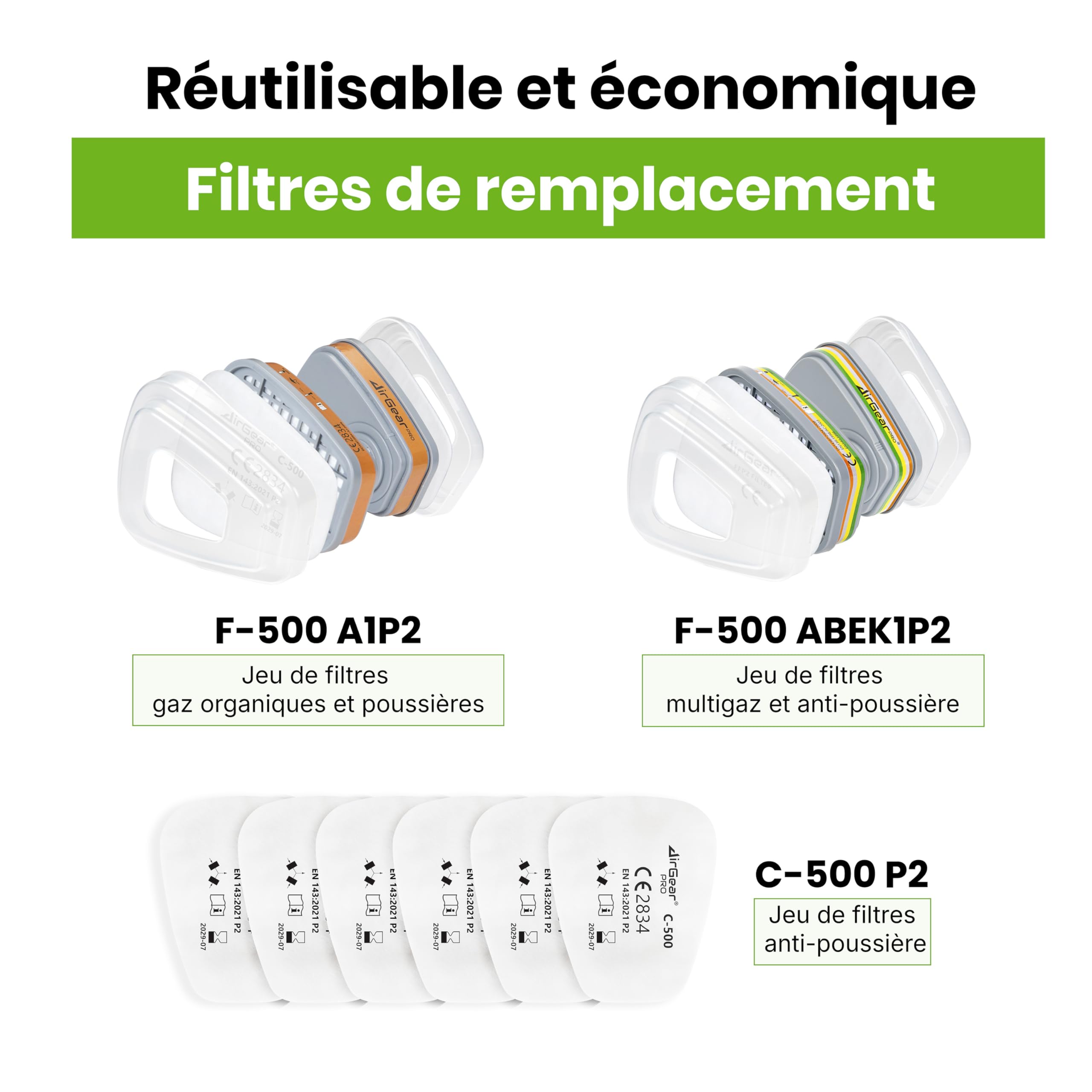 AirGearPro G-750 Masque de Protection Respiratoire Intégral avec Filtres A1P2 | Masque à gaz Anti-poussière pour Peinture, Pulvérisation, Ponçage, Travail du bois, Produits chimiques, Bricolage