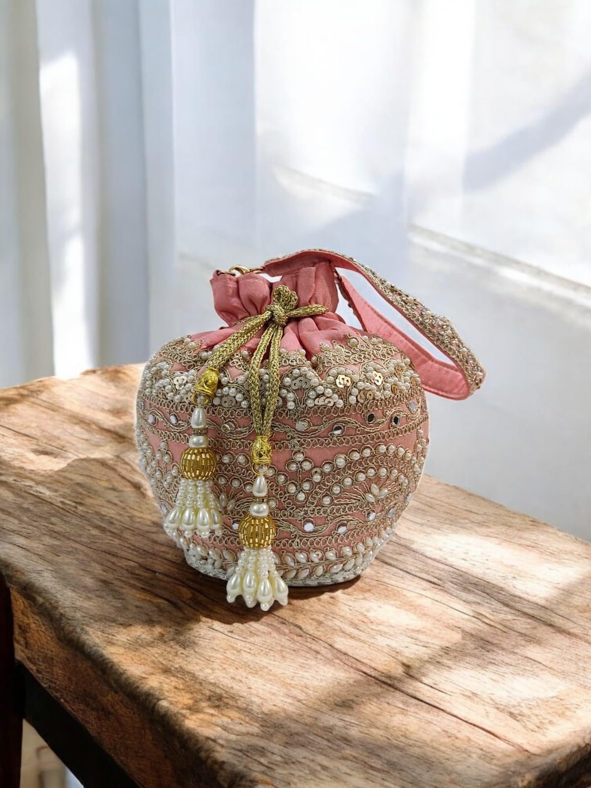 OMID Women's Pink Potli Bag- Traditional Boho Pouch String- Tie Sack, Beaded Silk Purse for Girls and Women, Bridal Festive Gifting Bag For Women and Girls 2