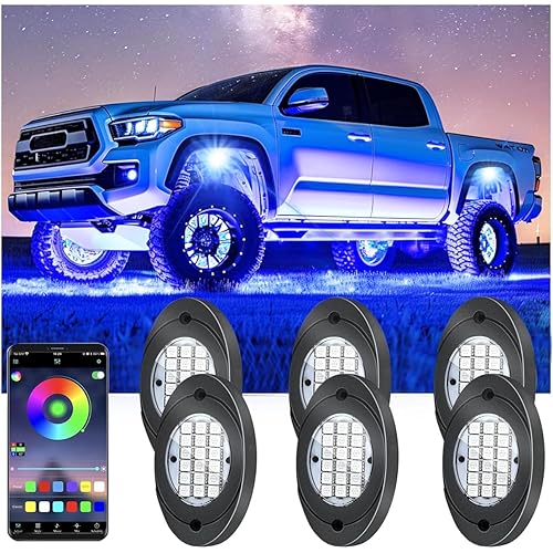 6 Pods RGB LED Rock Lights, Underglow Multicolor Neon Light Kit Wheel Well Light with APP Control & Music Mode, Under Glow Lights for Trucks,Jeep,SUV,Golf Cart,ATV,Pickup Off Road,12 V