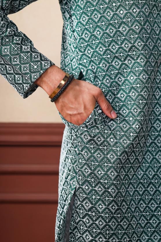 Image of ALMORA Men's Embroidered with Thread Work and Cotton Blend Only Slim Fit Kurta for Men