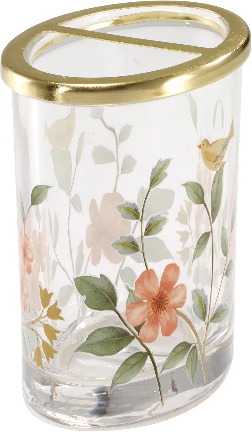 Avanti Linens – Toothbrush Holder, Heavyweight Glass with Gold-Tone Divider and Wrapped Decal Design, Nature-Inspired Home Decor – Perfect for Organizing Bathroom Essentials (Pretty Birds)
