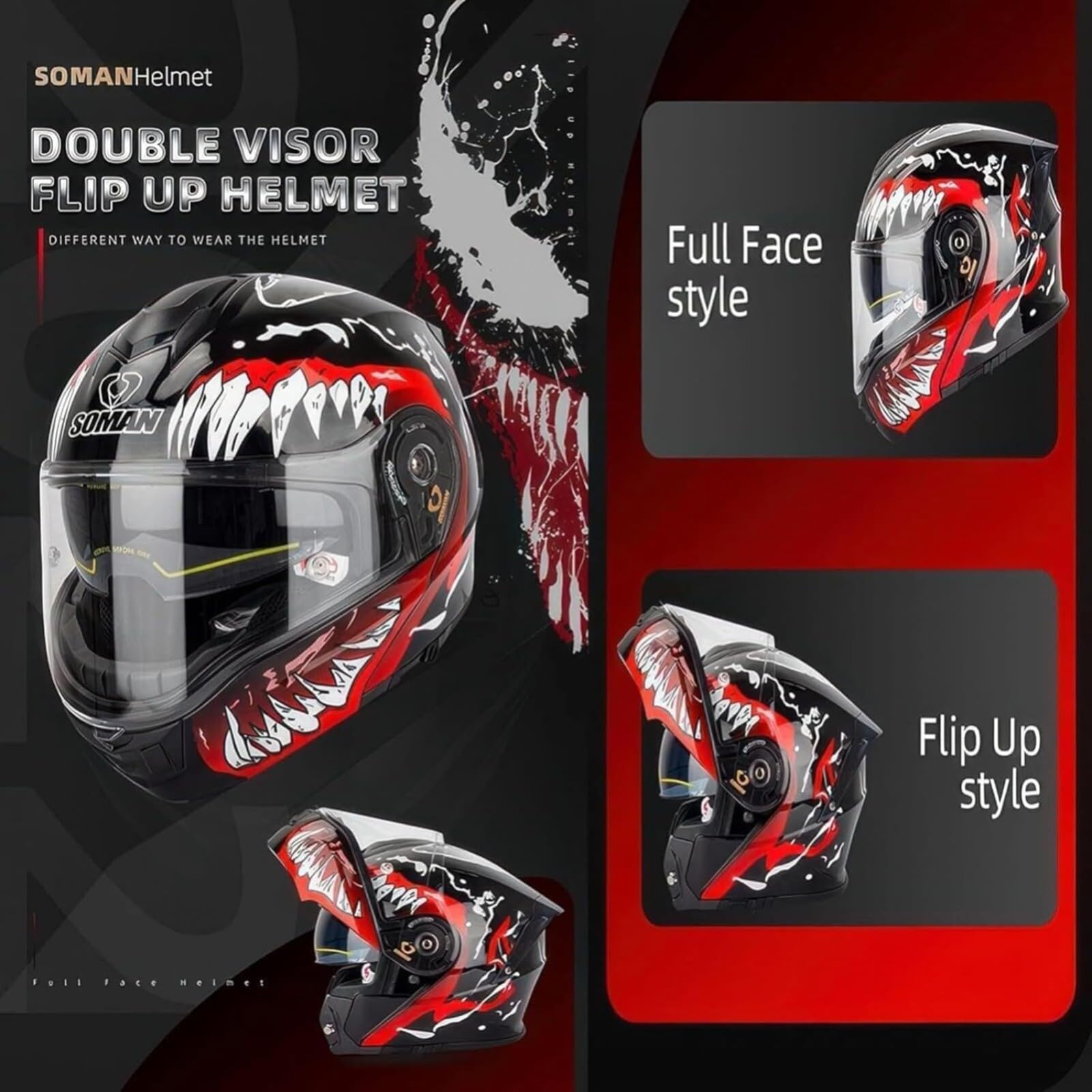 Kask szczękowy na motocykl, modułowy kask motocyklowy z podwójnym wizjerem, kask wyścigowy, z certyfikatem ECE, dla kobiet i mężczyzn, D, XL = 61 ~ 62 cm
