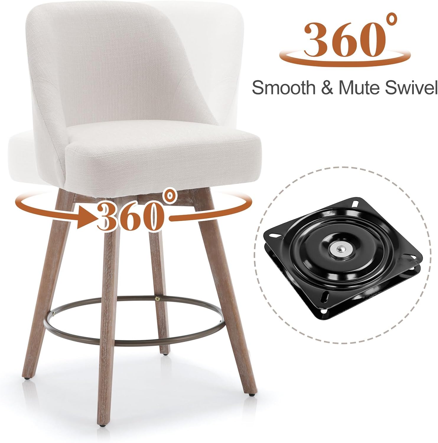 Bekrvio Counter Height Bar Stools, Modern Mid-Century Swivel Barstools with Backs and Wood Legs, Linen Fabric Upholstered Bar Chairs, 26" Seat Height Counter Stools for Kitchen Island, Off White