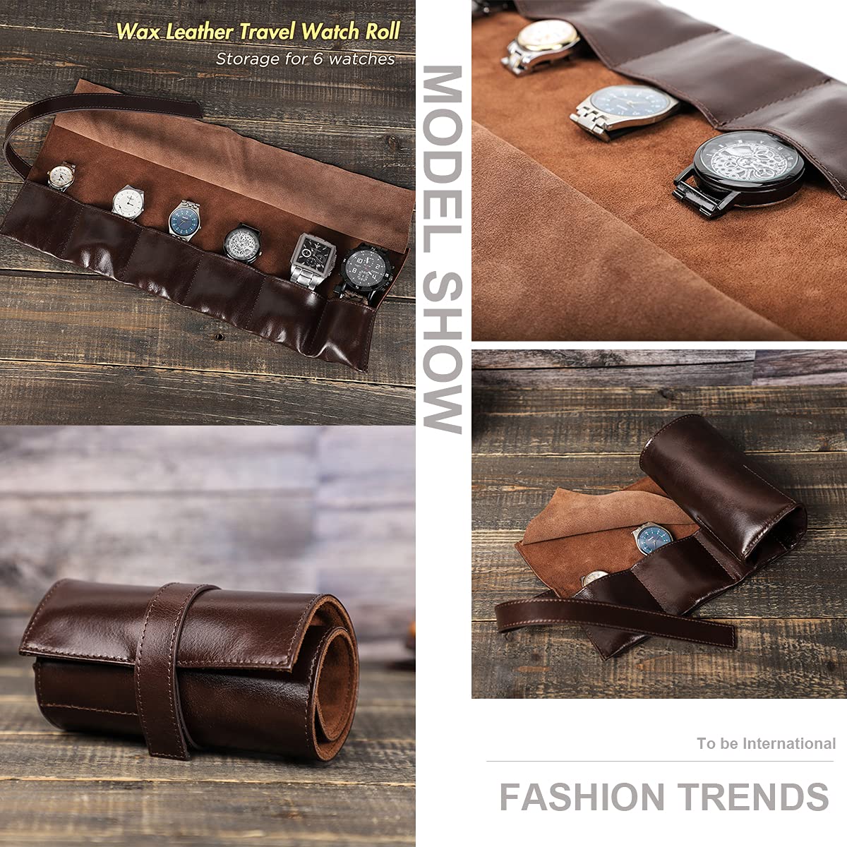 Hiram Estuche de viaje de cuero real para reloj, caja de almacenamiento de reloj de viaje hecha a mano, organizador de joyería portátil, 6 relojes