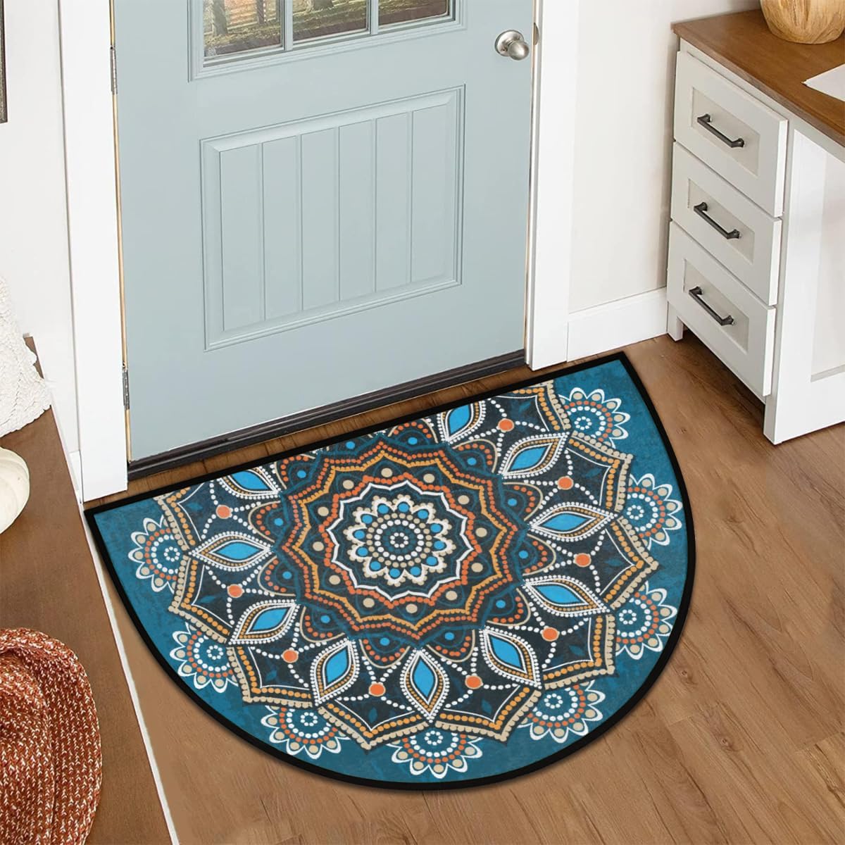 Half Round Door Mat - Indoor Outdoor Bohemian Mandala Half Circle Rug for Entryway, Bathroom, Kitchen, Living Room - Washable Non-Slip Half Moon Mat with Boho Floral Vintage Design - Small Floor Mat