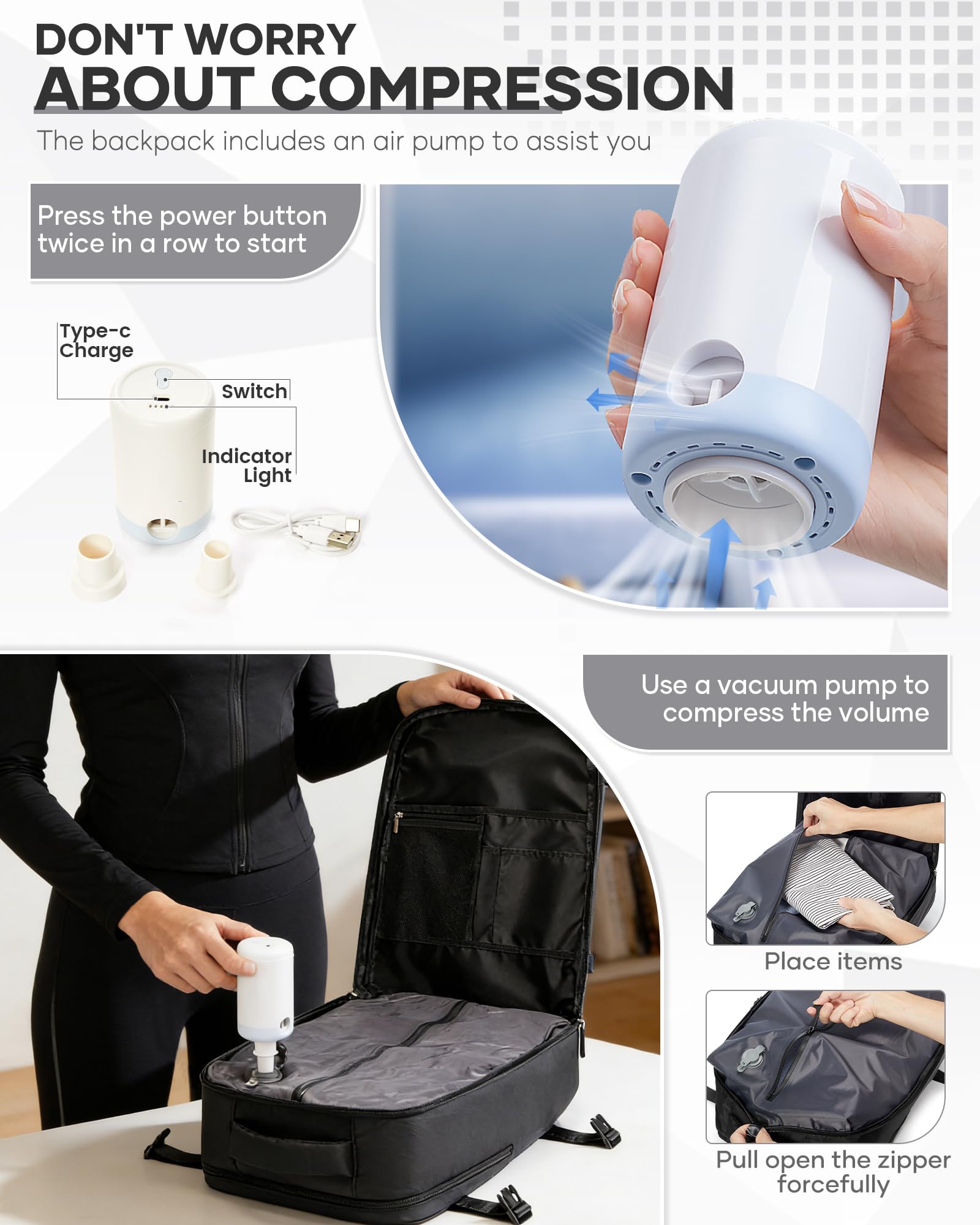 SZSYCN Vacuum Backpack Travel Bag With Pump Ryanair Cabin Bags 40x30x20 Underseat Ryan Air Hand Luggage 40 x 20 x 25 Carry On Baggage For Flights Backpack With Compression System — view 4