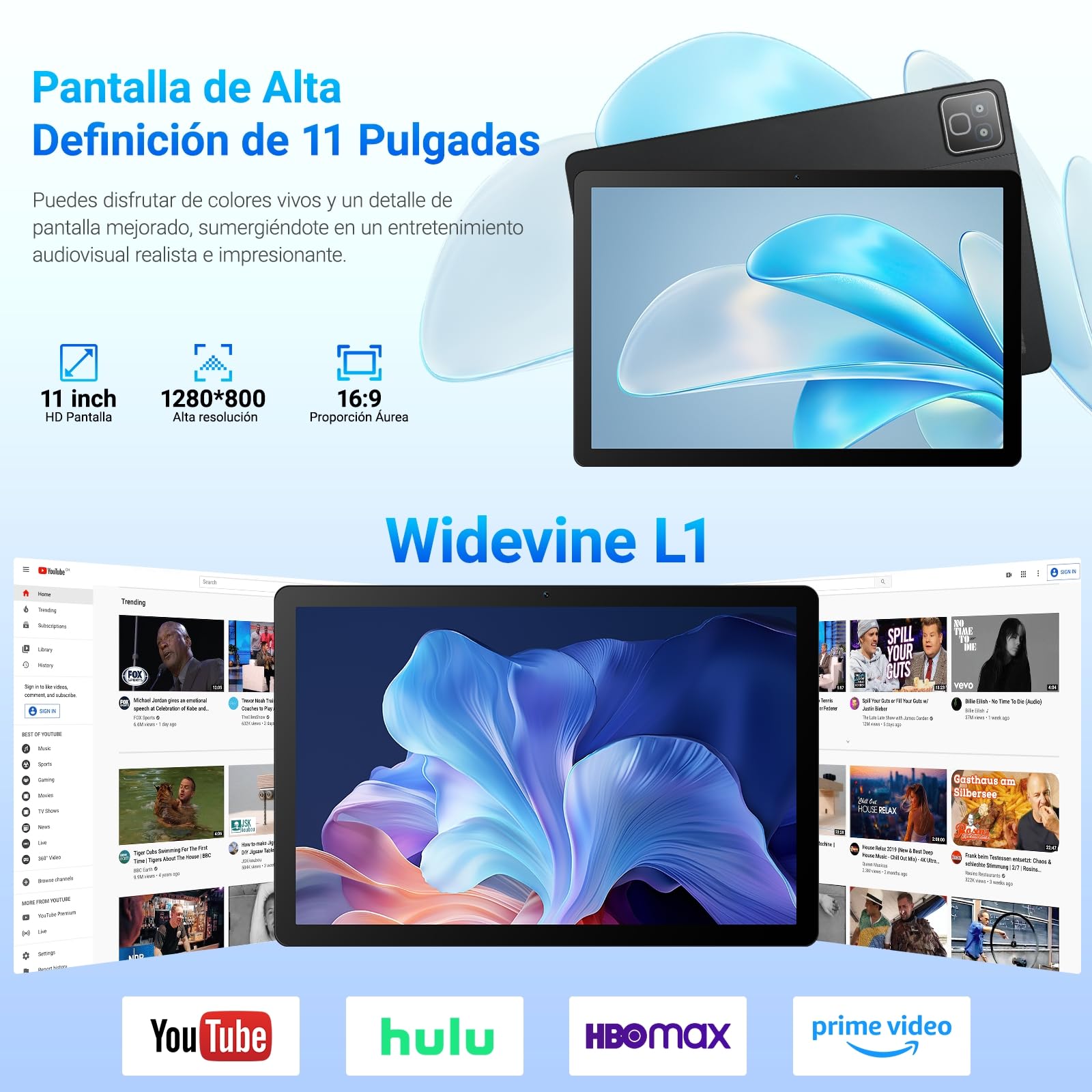 Tablet Android 16, Tableta de 11 Pulgadas, 32GB RAM+256GB ROM (TF 1TB), 7800mAh, 5 Núcleos, 1280 * 800 Pantalla HD, WiFi 6, Widevine L1, Bluetooth 5.4, 5MP+8MP, Face ID, GPS Tableta Pad