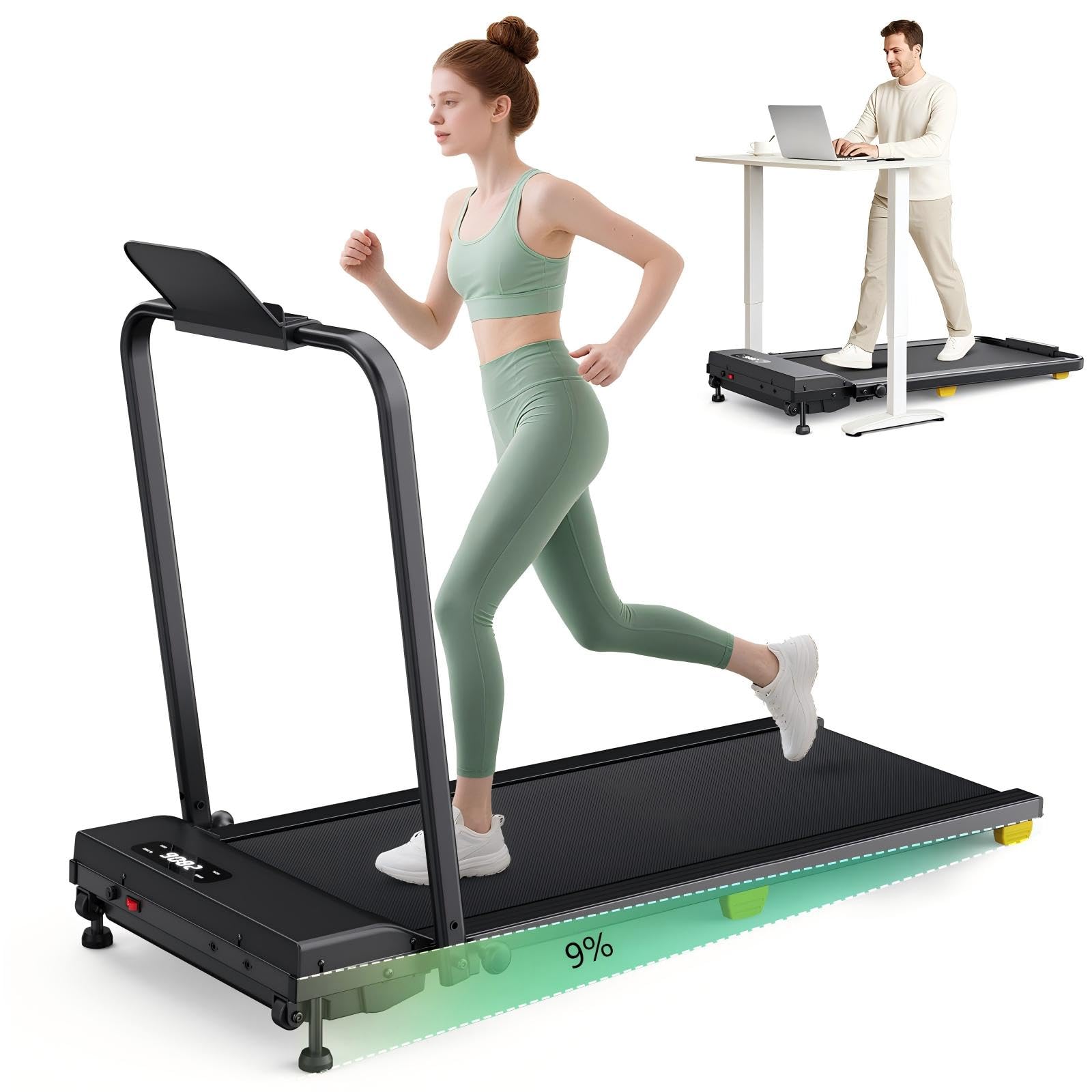 Laufband mit 9% Steigung, Walking pad klappbar mit Sicherheitsgriff, One-Touch-HIIT-Modus, Gehen, Joggen oder Laufen fürs Homeoffice, Kein Zusammenbau erforderlich, Fernbedienung & LED-Anzeige