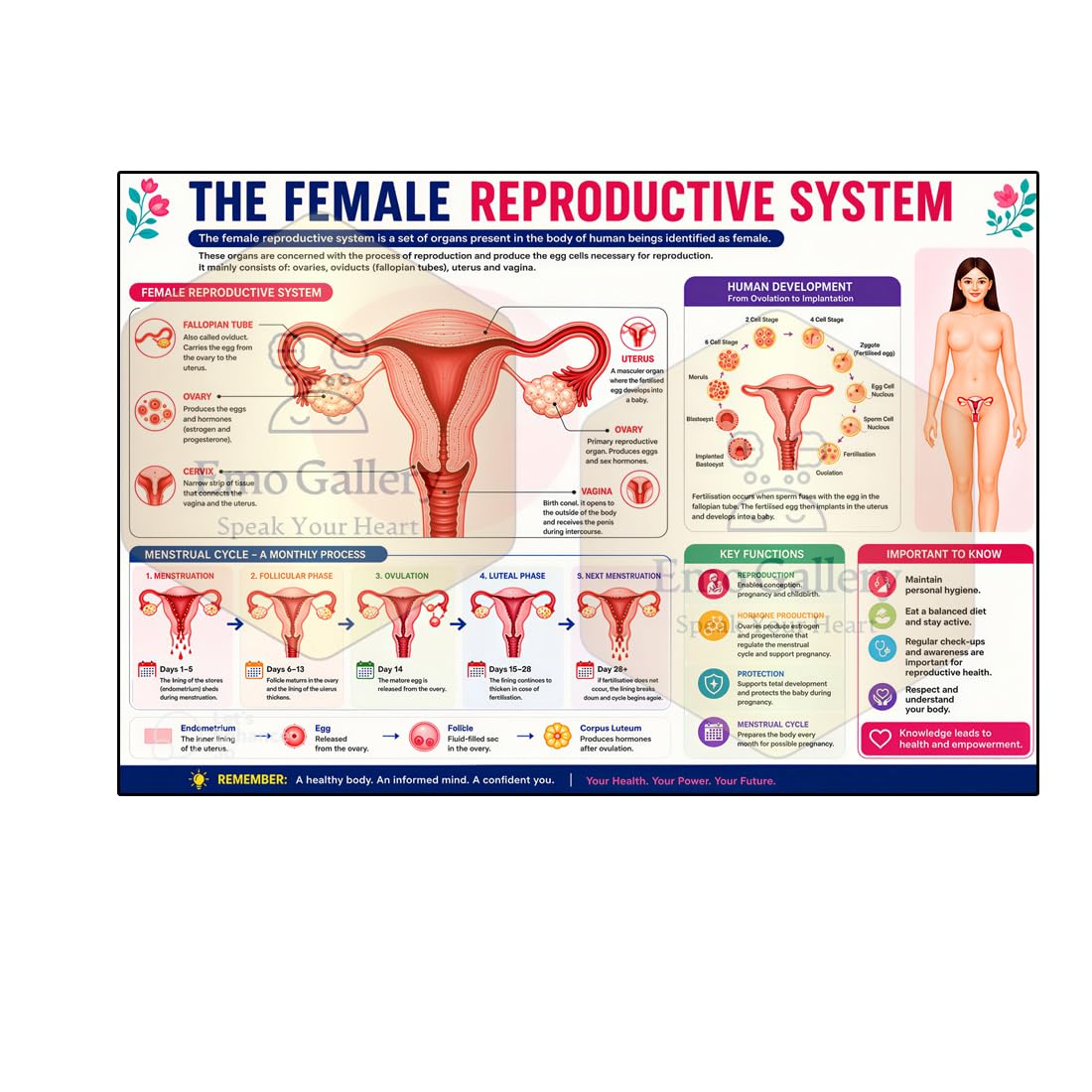 Female Reproductive System Educational Poster for Kids & Students | Human Anatomy Learning Chart with Menstrual Cycle & Ovulation | Biology Study Wall Poster for School Classroom Clinic | Self Adhesive Waterproof Vinyl 48 cm x 33 cm-image-12