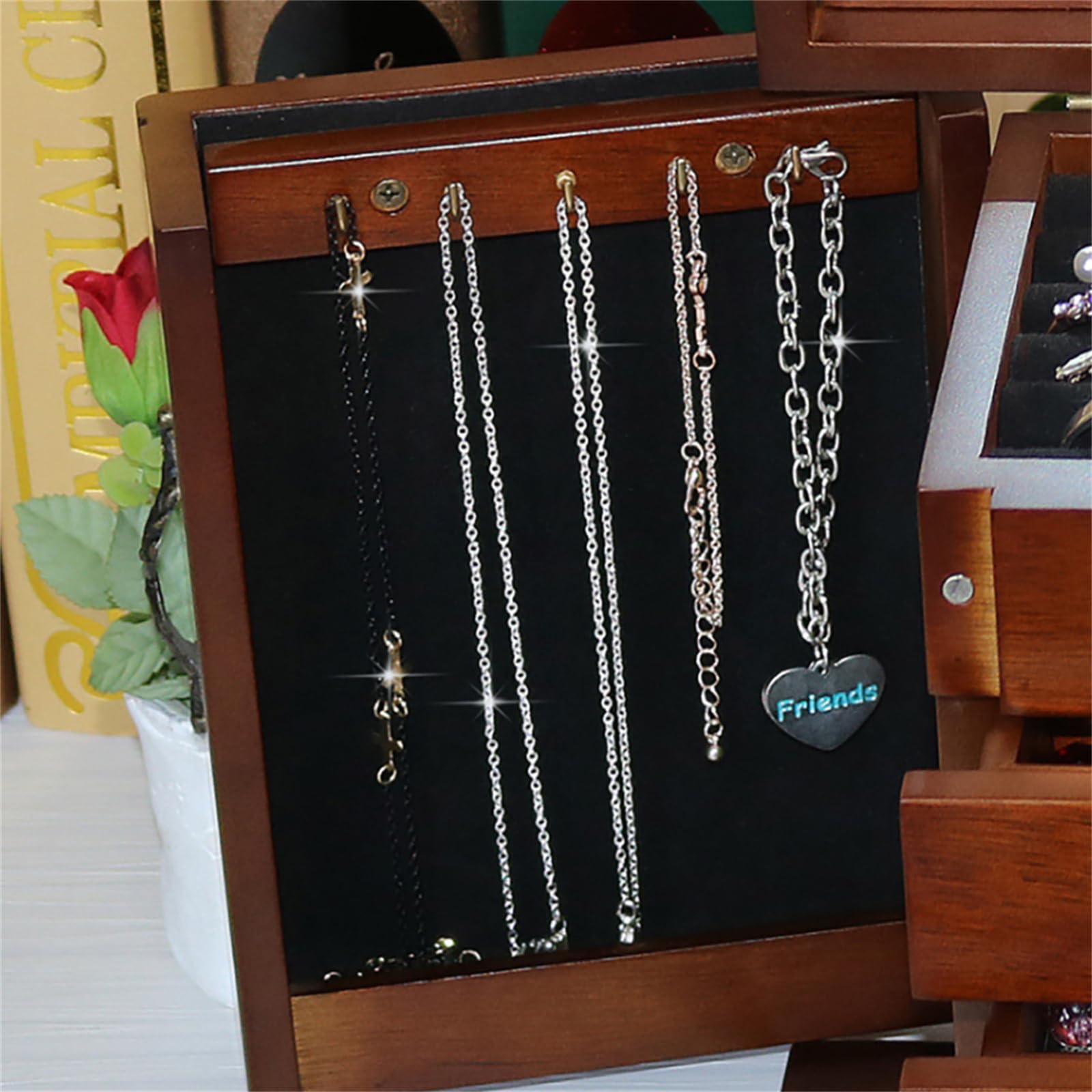 Joyero de madera, 5 niveles, grande, vintage, joyero de madera, gran capacidad, organizador para pendientes, cadenas, almacenamiento de joyas
