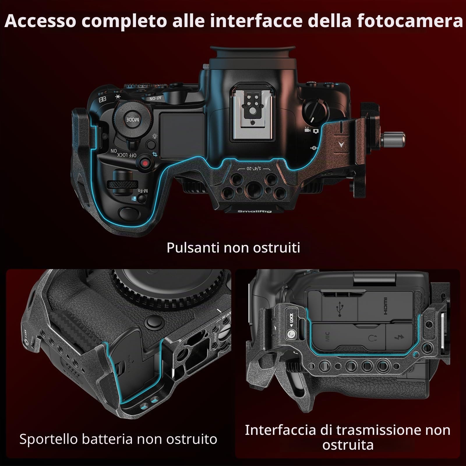 SMALLRIG R5 II Cage per Canon EOS R5 Mark II, "Black Mamba" Gabbia per Fotocamera in Lega di Alluminio, Anti-Torsione, Piastra a Sgancio Rapido Integrata per Arca-Type, Cold Shoe - 4975