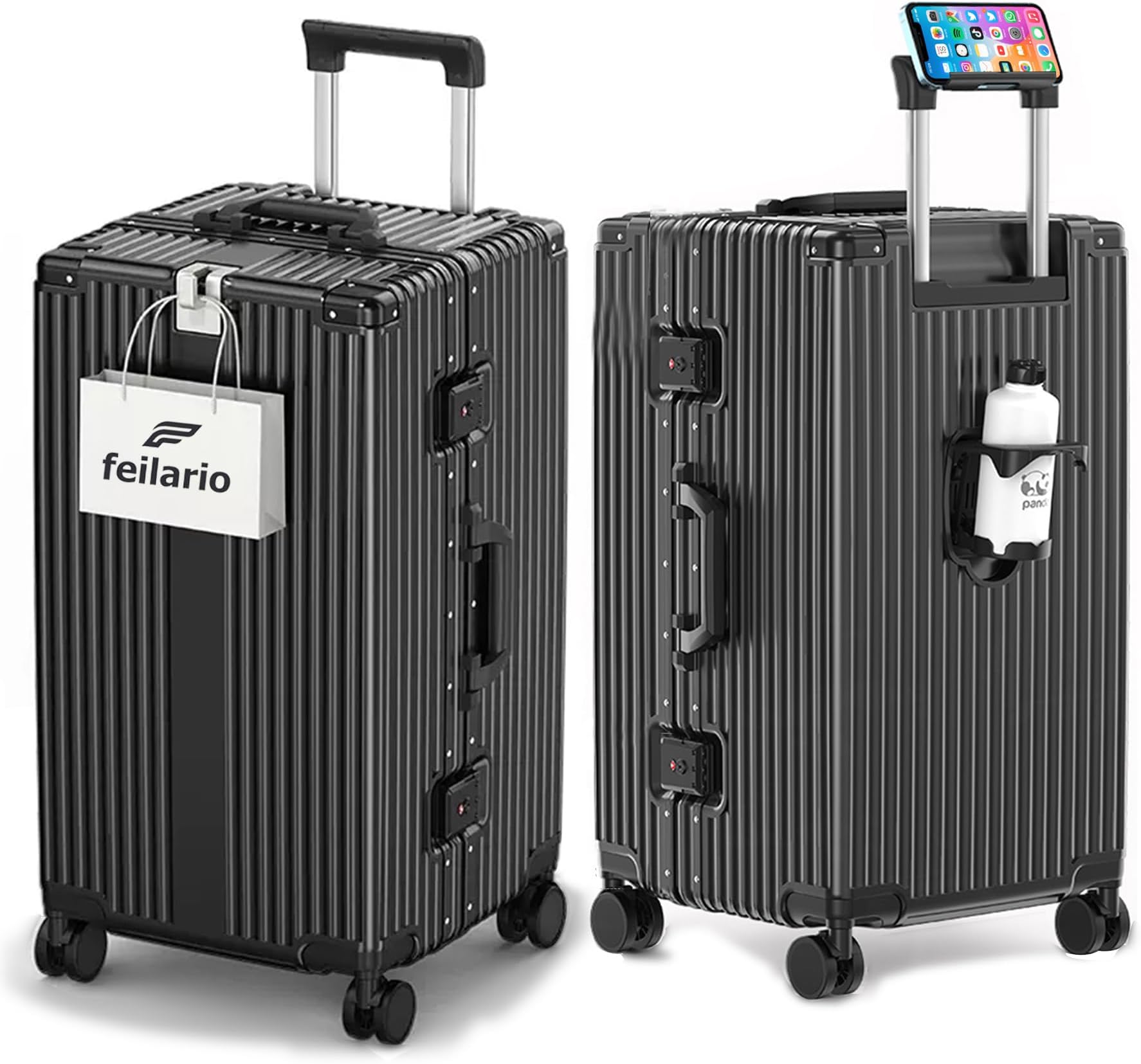 Aluminum Frame Hardside PC Carry on Luggage - Wide Handle Double Spinner Wheels Suitcase Built-in TSA Lock & Cup Holder - 20in/24in