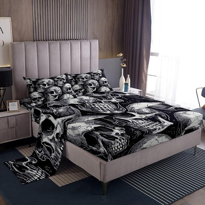 Sugar Skull Bed Sheets Set Kids Gothic Skeleton Sheet Set Halloween Themed Sheets with Deep Pocket Fitted Sheet for Women Men Room Decor Lightweight Bones Black Bedding Set With 2 Pillow Cases