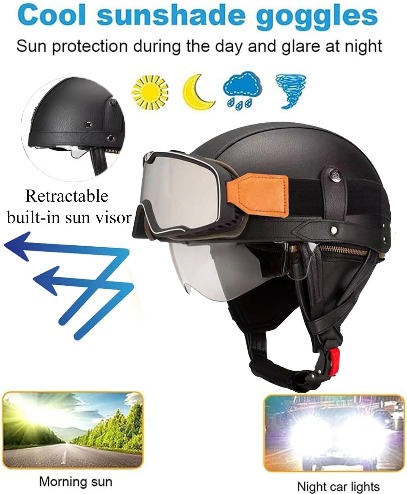 Skórzany kask motocyklowy w stylu vintage z okularami i klapą przeciwsłoneczną, kask motocyklowy do skuterów, cruiserów, homologacji DOT/ECE, unisex
