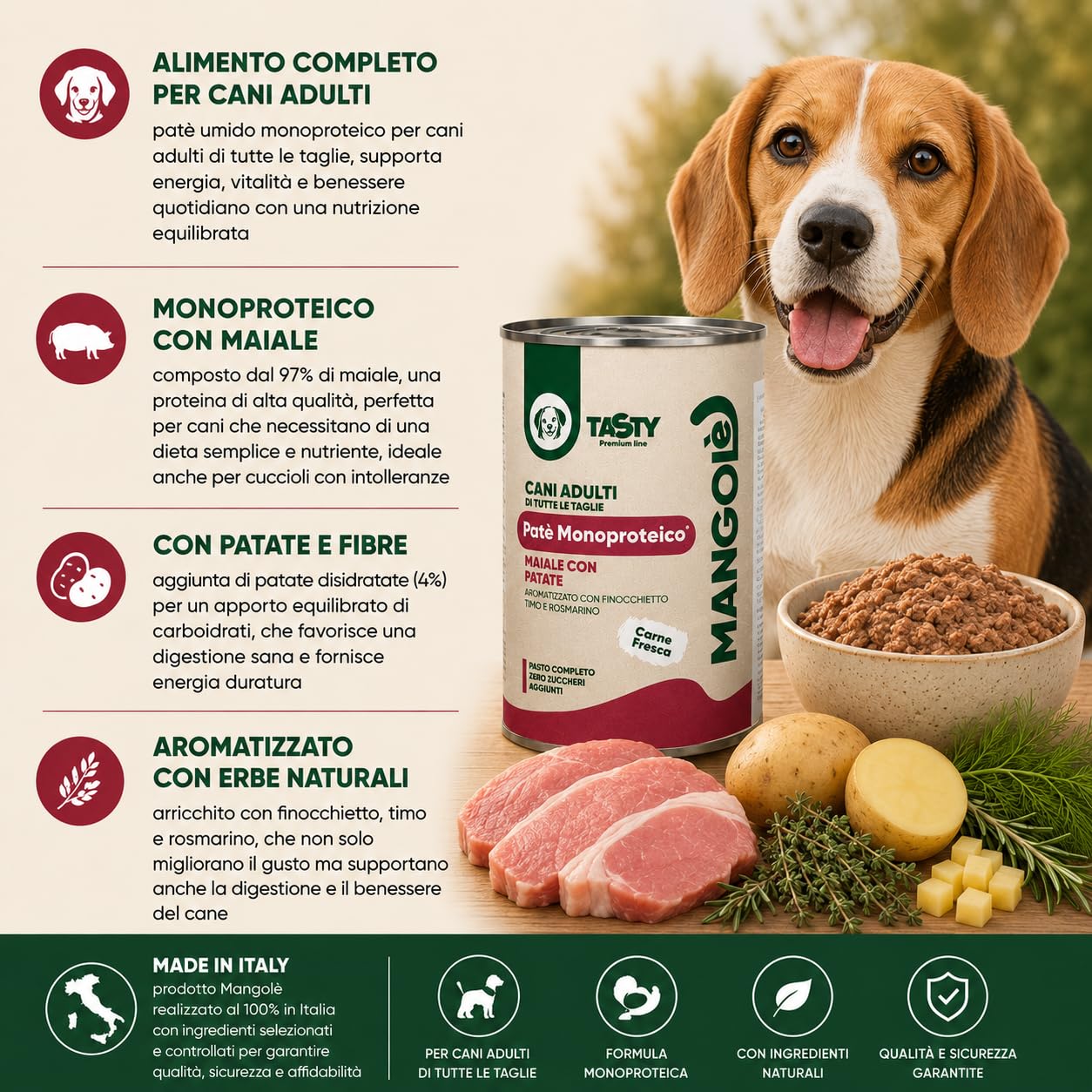 Dog Patè Monoproteico Maiale con Patate 400 g Alimento Umido Completo per Cani Adulti Aromatizzato con Finocchietto, Timo e Rosmarino (24 Pezzi)