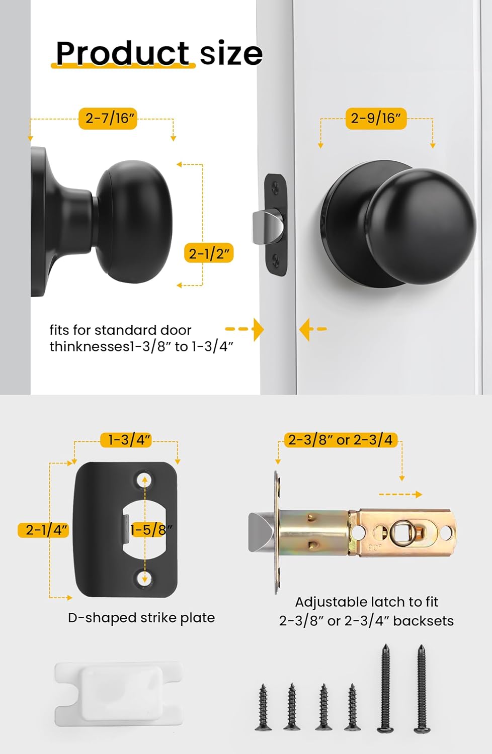 Goldenwarm Black Closet Door Knobs, Passage Door Knobs, Matte Black Door knob Without Lock for Hallway, Closet(5 Pack)